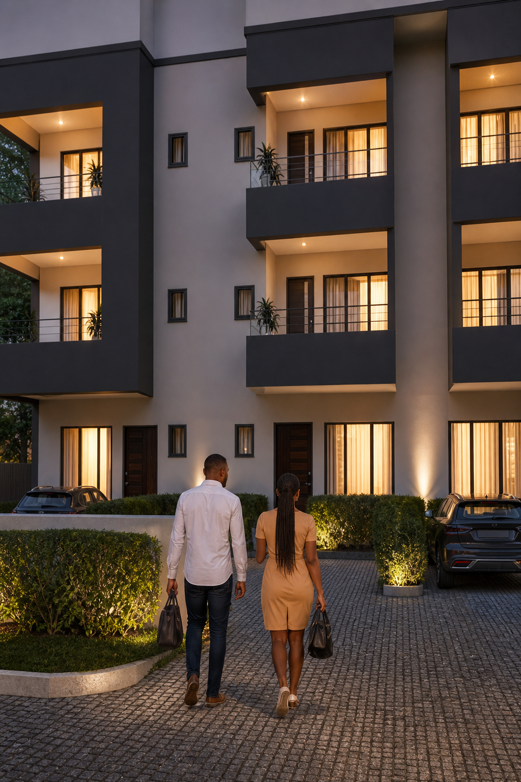 A Nigerian couple arriving home at The Midtown Terraces in Gwarinpa, Abuja