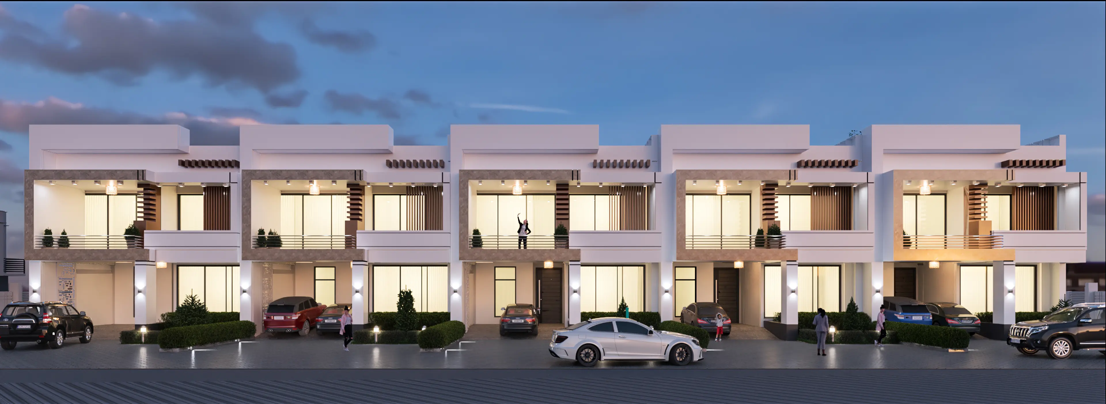 A welcoming contemporary terrace residence at dusk