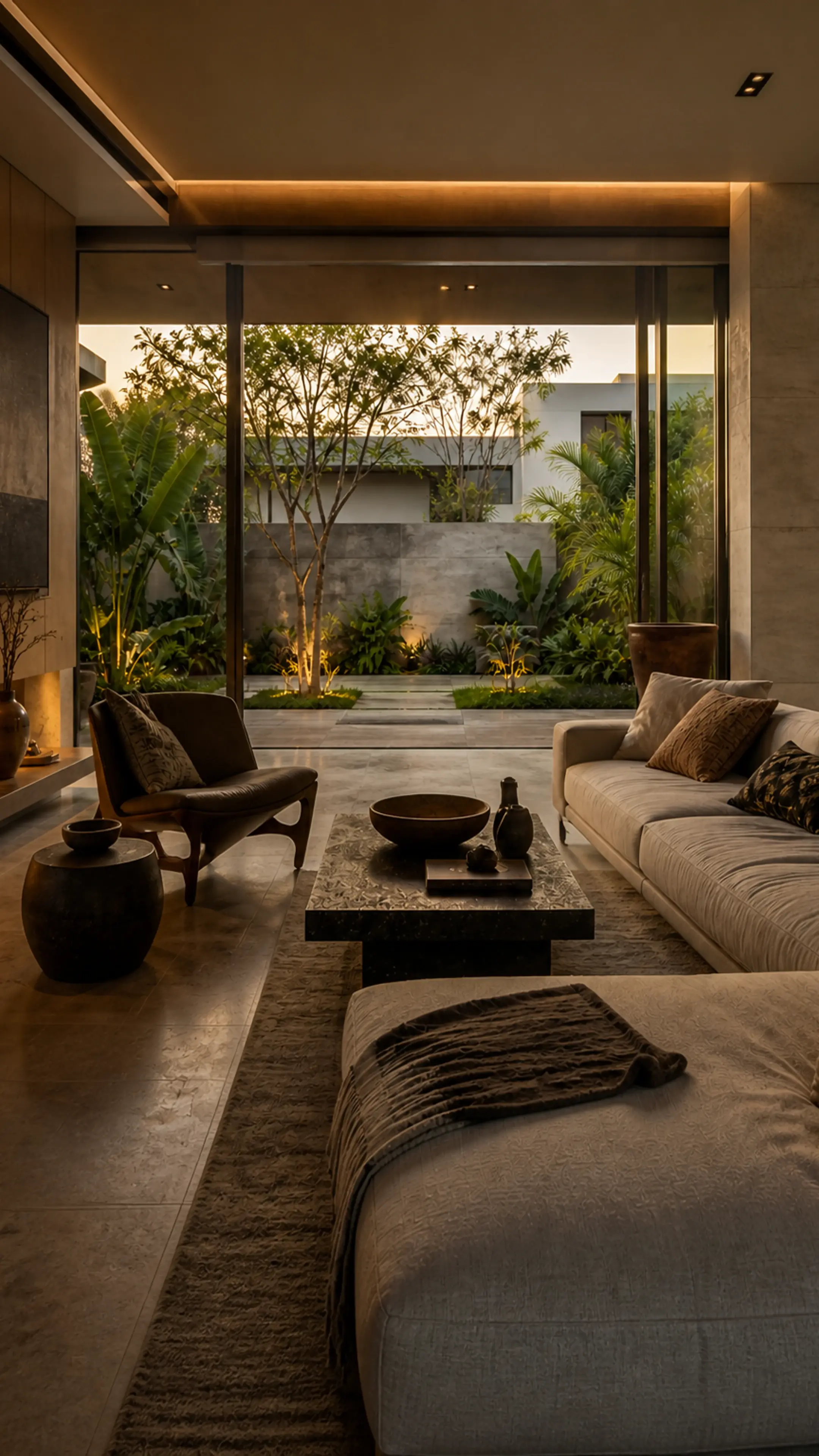 A refined contemporary living room opening onto an Abuja courtyard