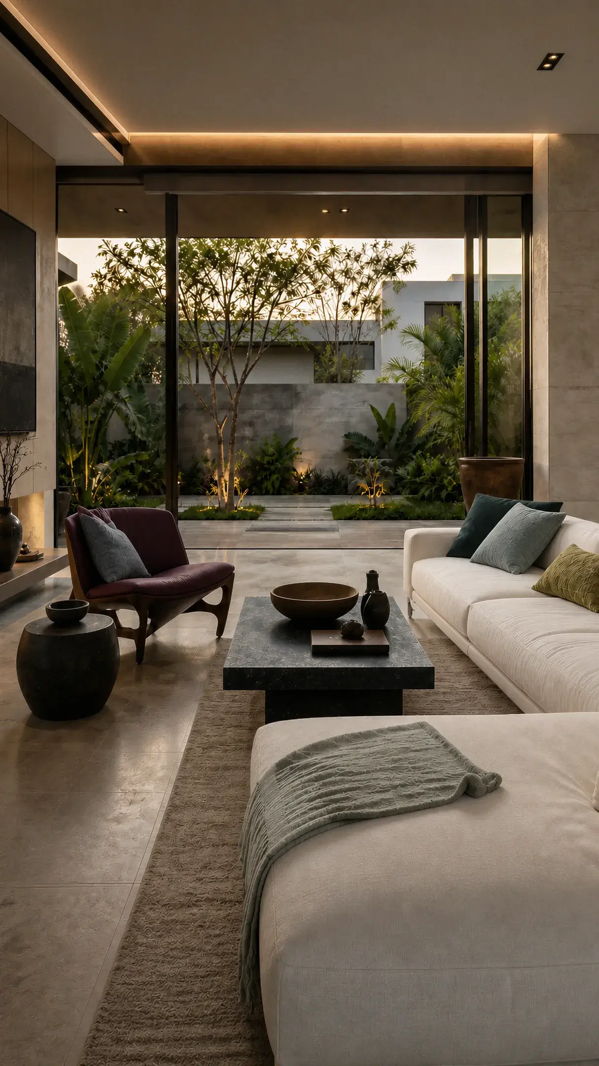 A refined contemporary living room opening onto an Abuja courtyard