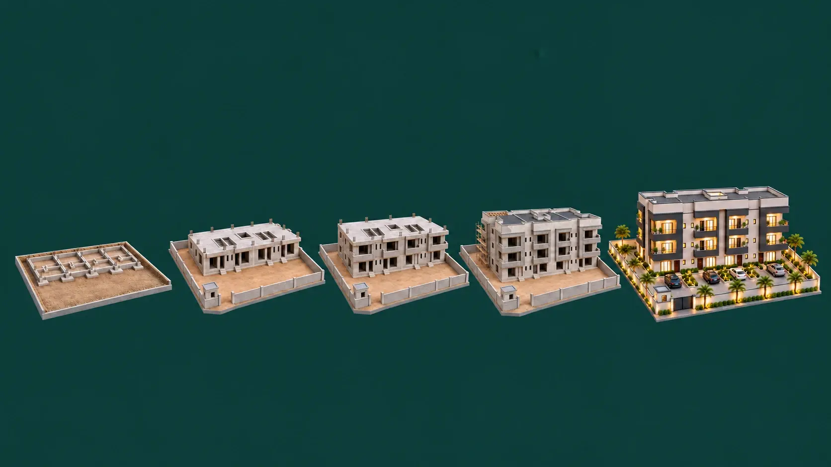 Five architectural models showing construction progressing from foundation to the finished homes