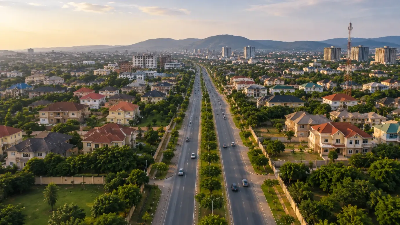 Aerial view along Gwarinpa's dual carriageway at sunset
