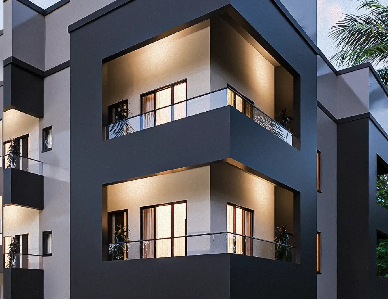 Lit recessed balconies on the terrace facade at dusk