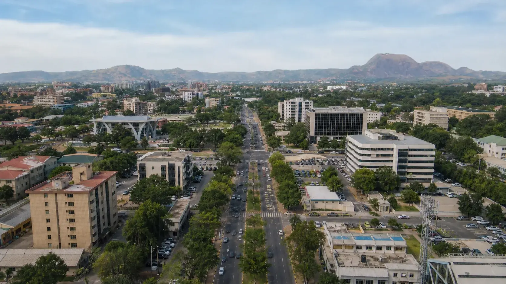 Aerial view over Wuse 2, Abuja, with the surrounding hills