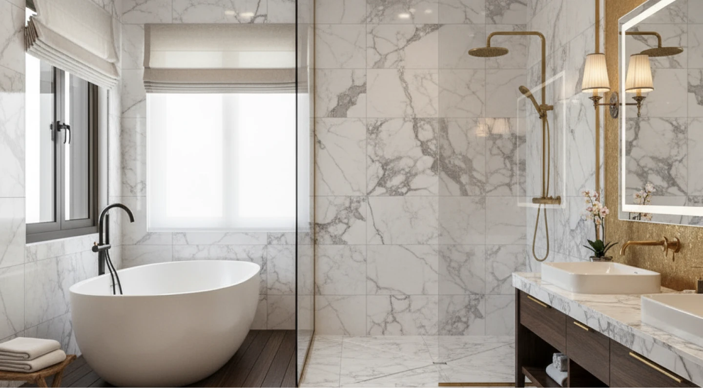 A marble bathroom with a freestanding bath and walk-in shower