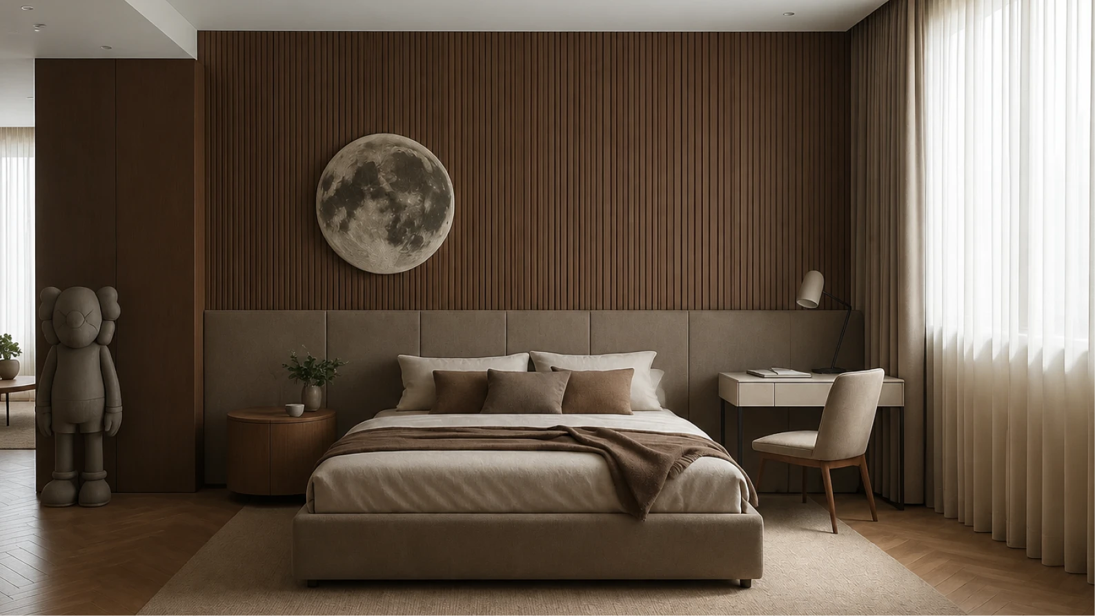 A bedroom with a slatted timber wall and desk