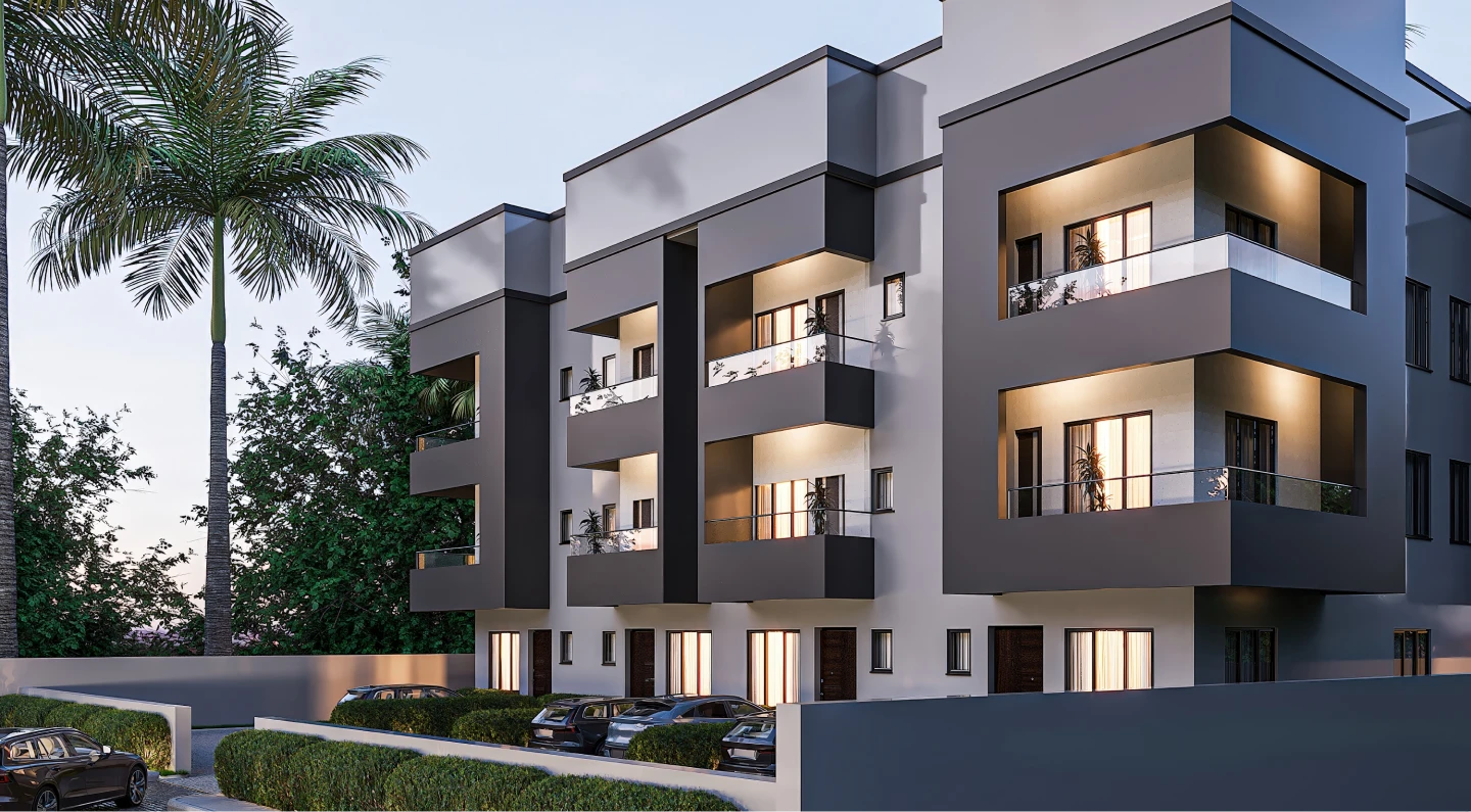 The terraces from the side, showing the balcony bays