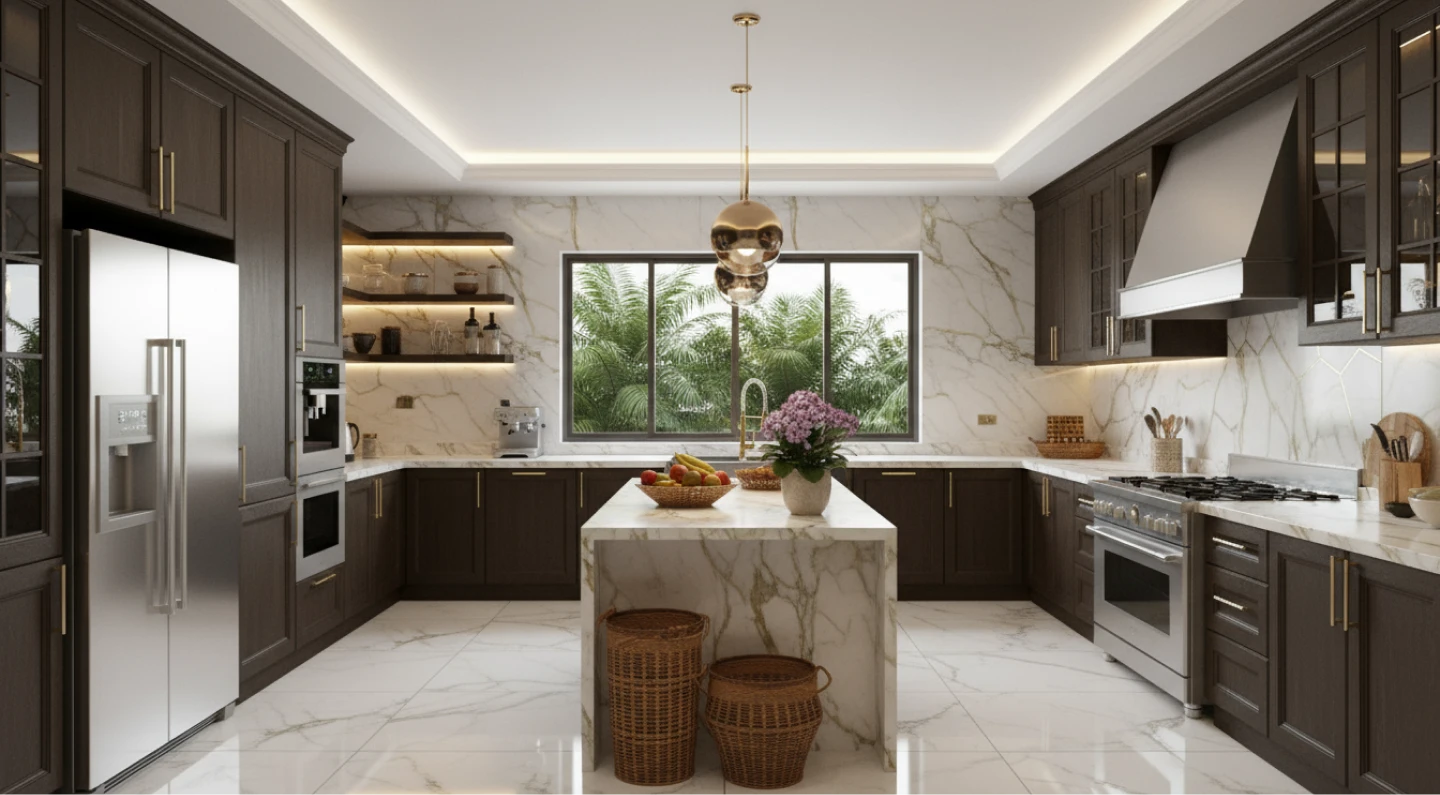 The kitchen, with a marble island and fitted cabinetry