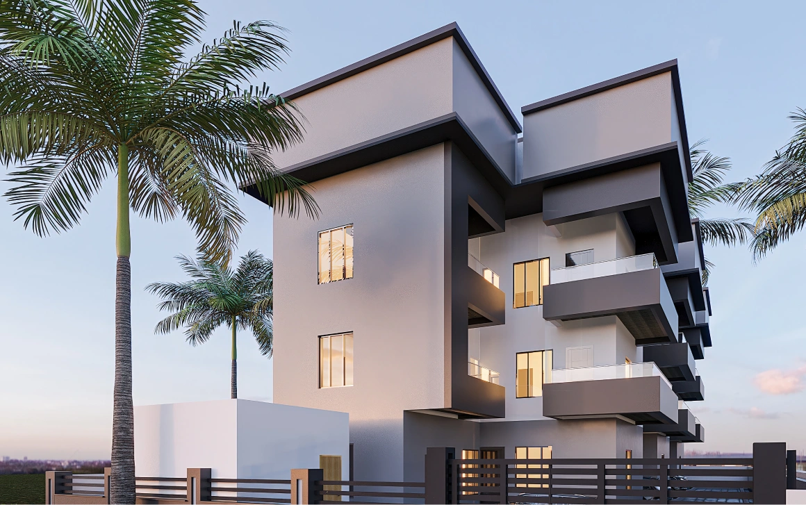 The corner elevation of The Urban Nest, framed by palms